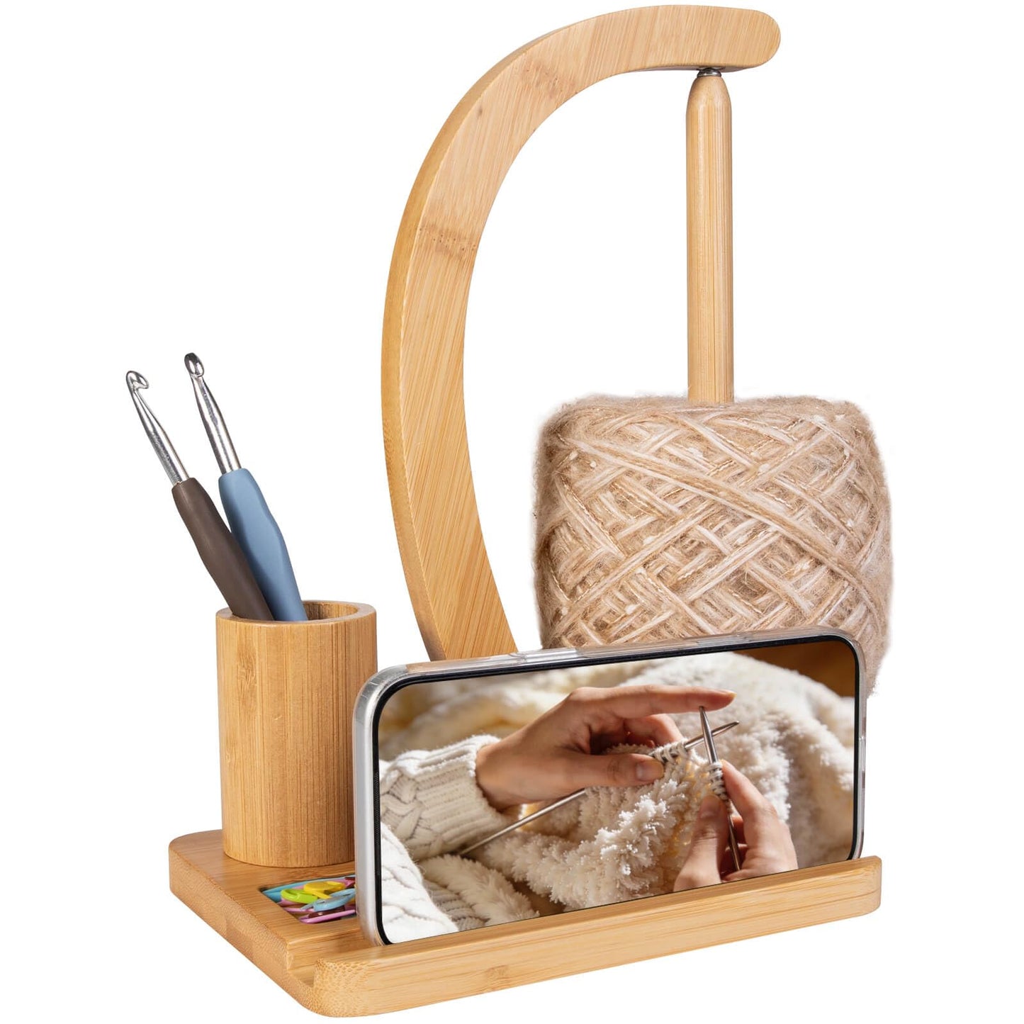 SPEENSUN Yarn Holder for Crochet, Bamboo Yarn Spinner with Magnetic Rotating Anti-Tangle Design, 1.1lbs Capacity, 3-in-1 Storage for Hooks/Markers, Phone Stand, Best Crochet Accessories Gifts