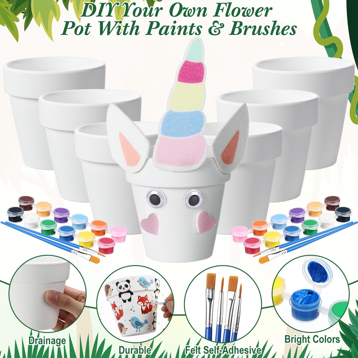 Teyva Daily 12 Sets Terracotta Pots to Paint Kit Spring DIY Crafts Flower Pots Felt Animal Acrylic Paints 24 Brushes 48 Googly Eyes Easter Party Supplies for Spring Garden Art Decoration
