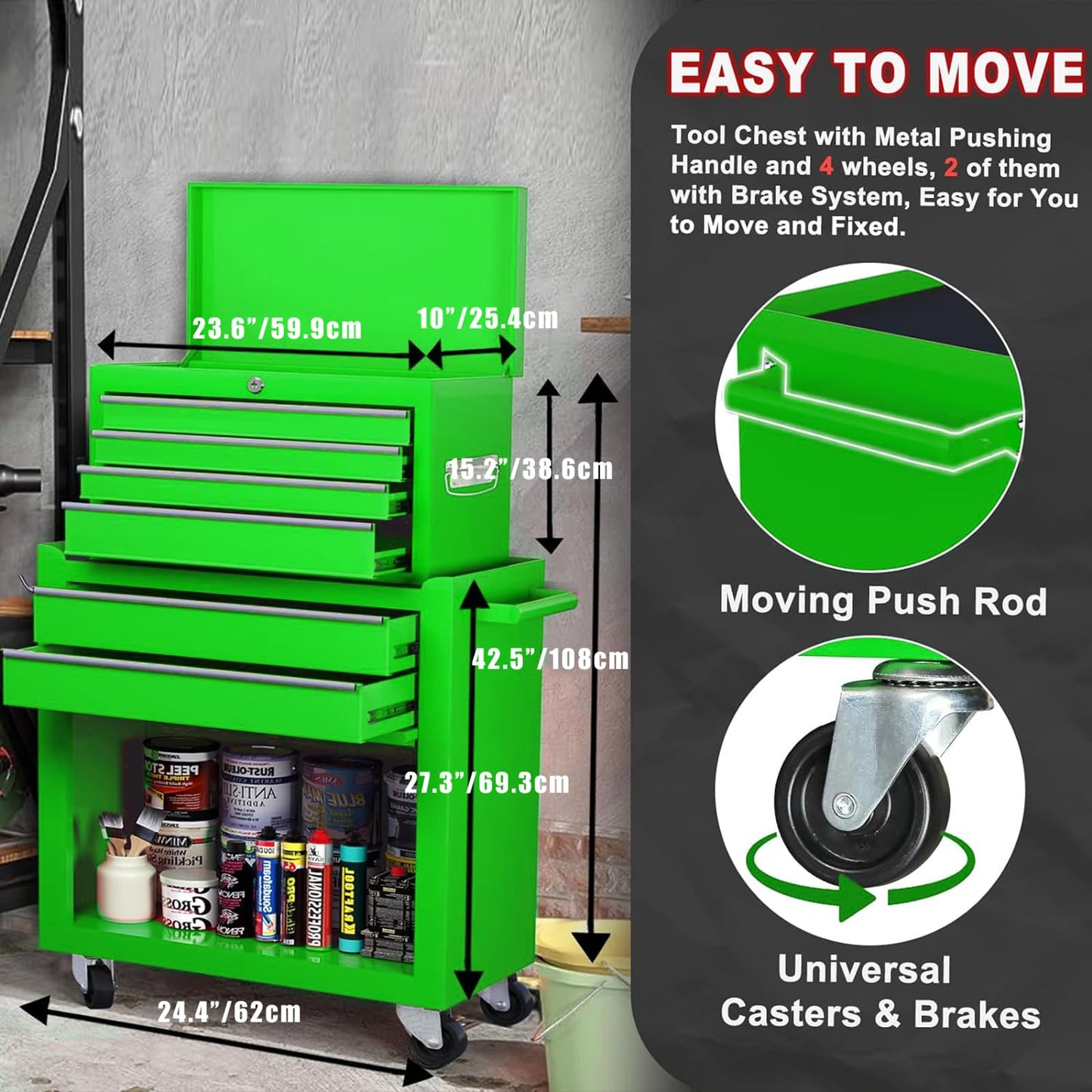 Dawmilon Tool Chest, 8-Drawer Rolling Tool Storage Cabinet with Wheels, Detachable Top Tool Box, and Locking Mechanism, Metal Tool Cart with Liner and 6 Hooks for Garage, Workshop, Green