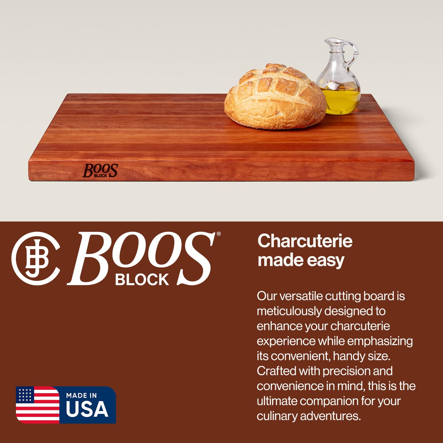 John Boos R-Board Series Rectangular Wooden Cherry Cutting Board 24”x18” – 1.5” Thick, 13.5-lb Reversible Butcher Block with Edge-Grain & Finger Grips – Made in the USA
