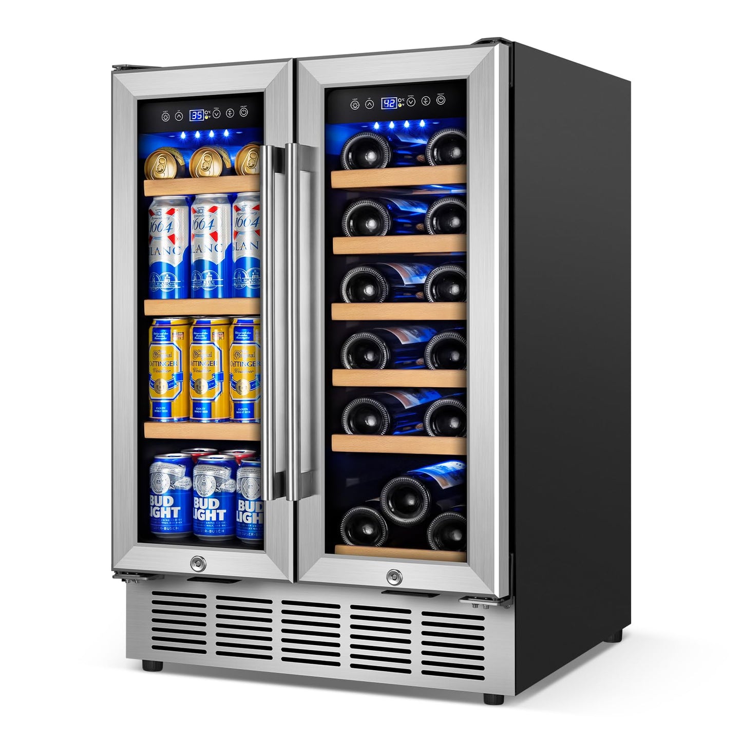 FoMup Wine and Beverage Refrigerator with Glass Door, 24-Inch Dual Zone Wine Fridge Under Counter - 18 Bottle and 88 Can Large Capacity Led Blue Light Smart Fast Cooling Wine Cooler