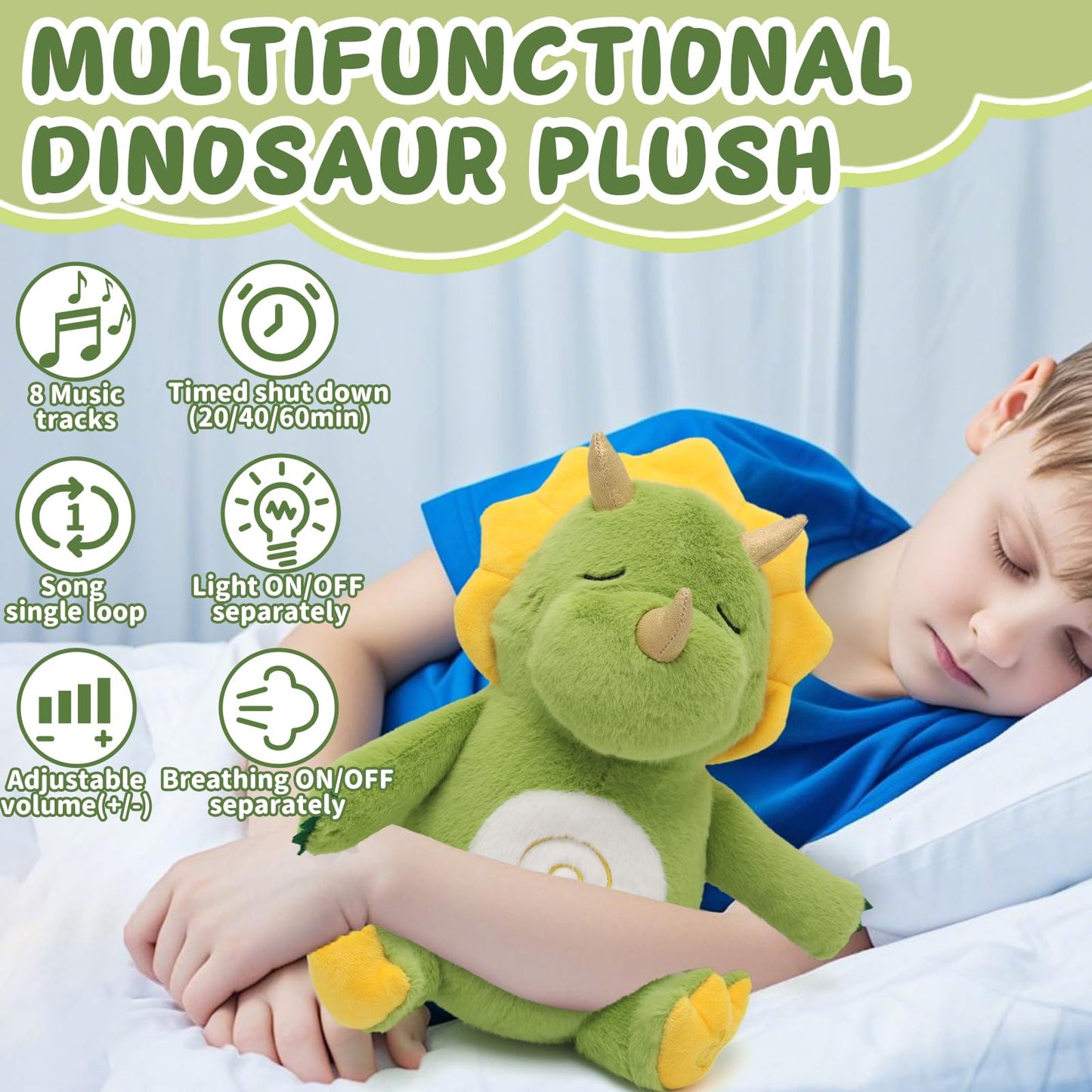 Breathing Dinosaur Plush Toys with Light and Sound, Triceratops Dinosaur Stuffed Animal, Adjustable Singing Night Light, Green Dino Plush Toy Gift for Kids, 11.8 inch