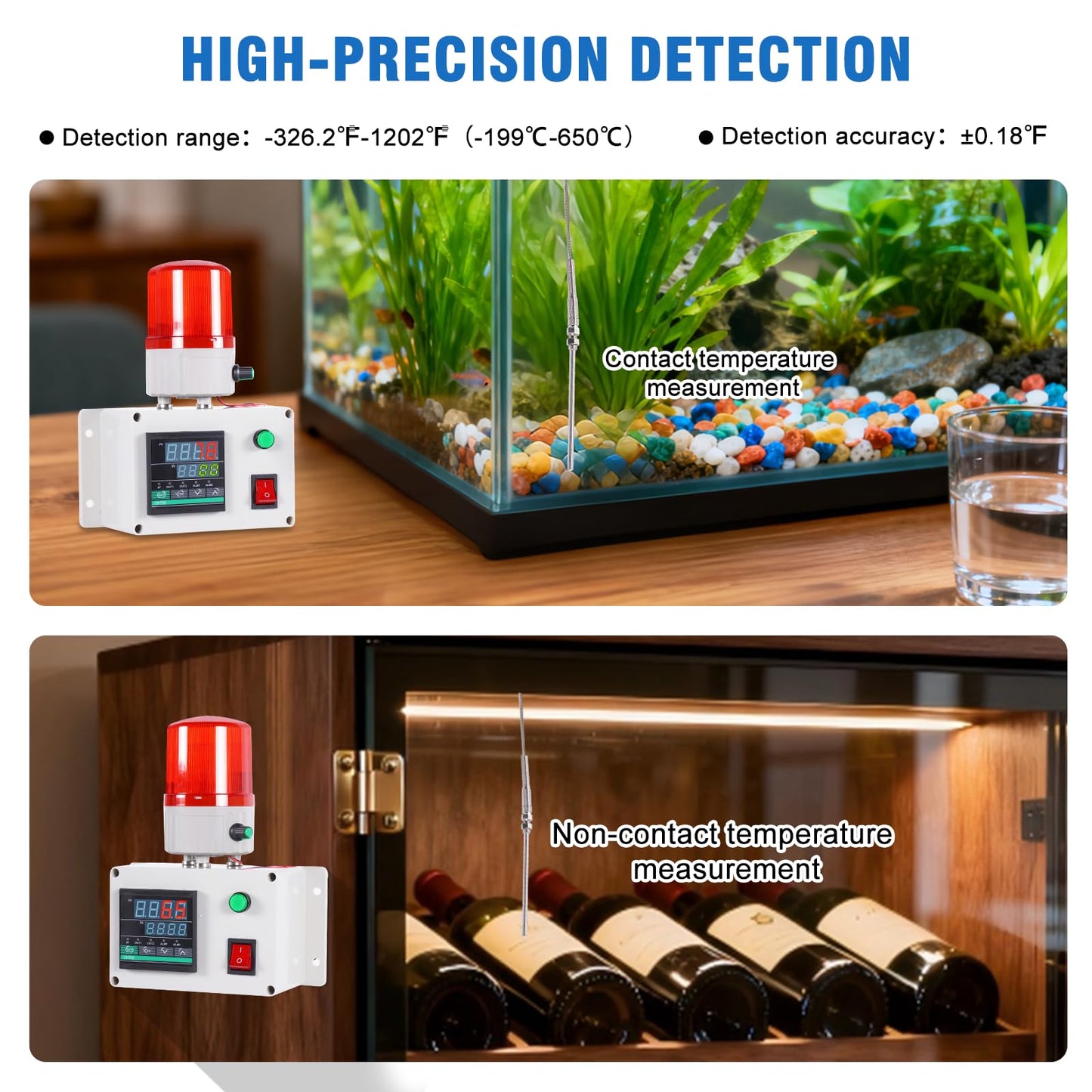 JIAWANSHUN High Precision Industrial Temperature Alarm, -326.2°F-1202°F ±0.18°F, Dual Limit Alarm with Self-Calibration, Audio Visual Alert for Hatchery, Greenhouse, Farm & Fish Pond