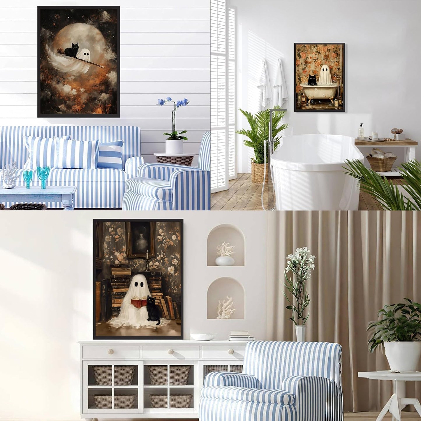3Pcs Halloween Ghost Wall Art Funny Gothic Moody Ghosts and Black Cat Painting Picture Wall Decor Reading Horror Dark Academia Poster Print Artwork for Bathroom Livingroom Home Decoration Unframed