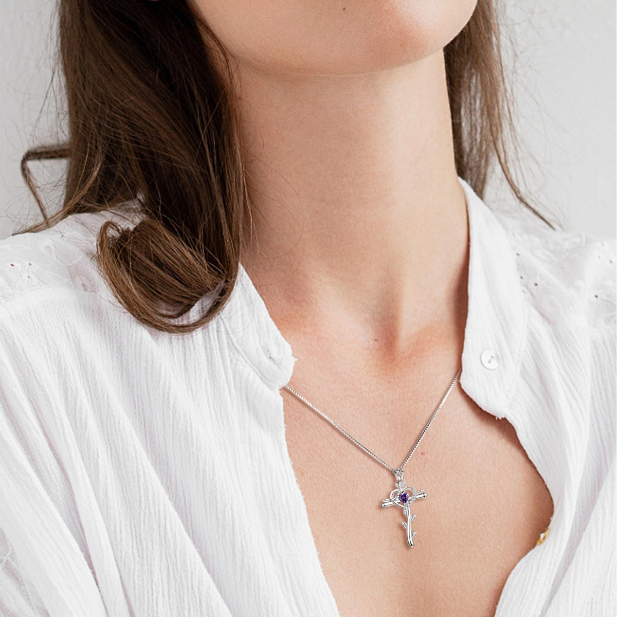 STARCHENIE Rose Cross Necklace 925 Sterling Silver Heart Crucifix Pendant Created Amethyst Jewelry for Women
