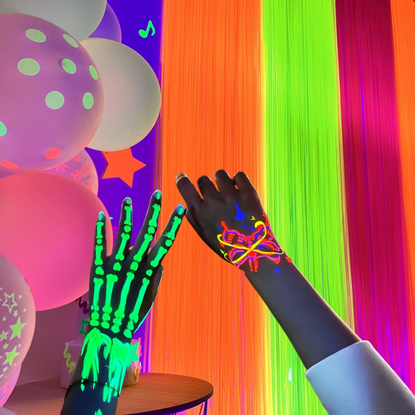 Aduck Glow in The Dark Party Supplies, Neon Party Decorations Foil Fringe Curtains with Tinsel Backdrop(2-Pack), Fluorescent Yellow/Orange/Pink Streamers for Photo Booth Birthday Decorations-6.6x6.6ft