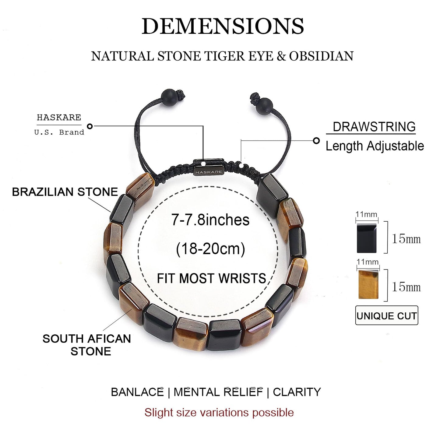 HASKARE Natural Stone Beads Men Bracelet Energy Flatbead Bracelet Genuine Tiger Eye Black Obsidian Beaded Crystals Handcrafted Adjustable Protection Jewelry for Dad Brother Husband