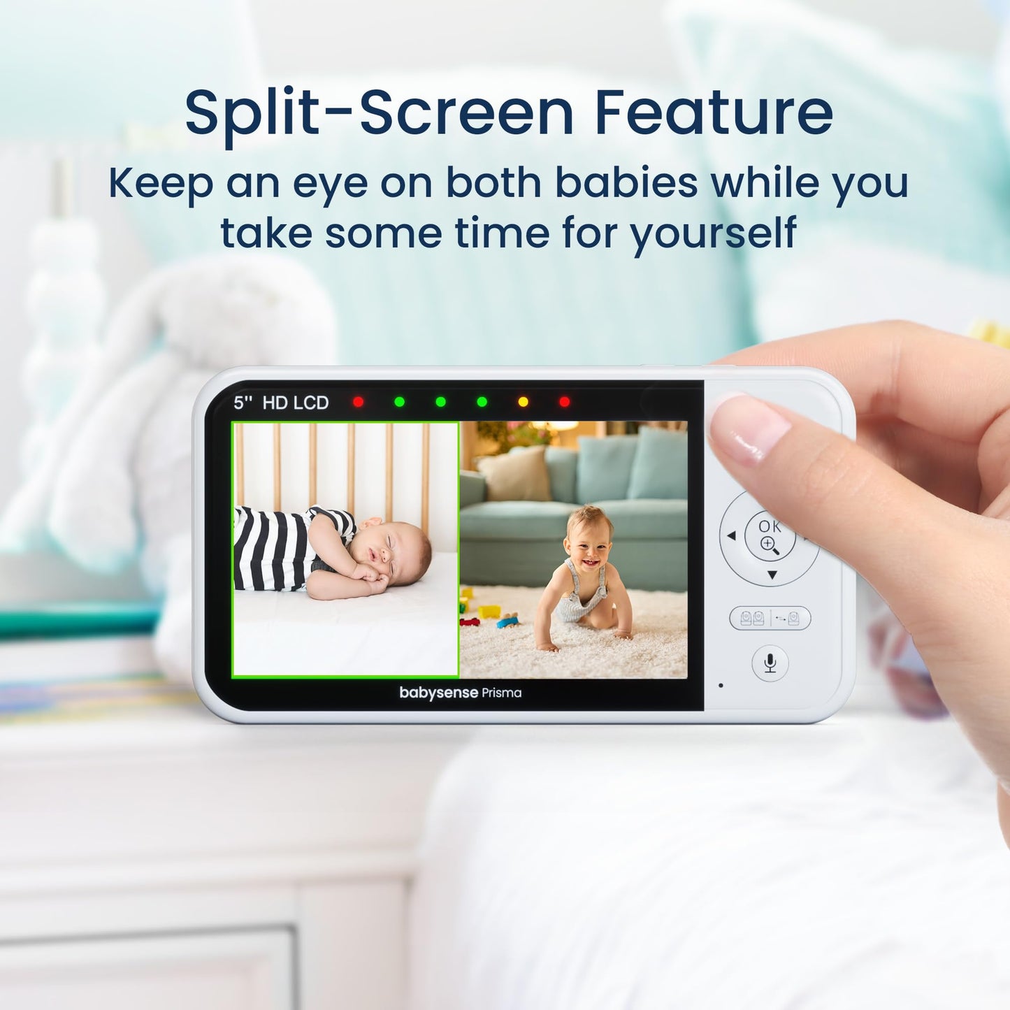 Babysense Prisma Baby Monitor with Camera and Audio, 5” HD Video Baby Monitor, 6-Color Night Light, Split Screen, Baby Sound Machine with White Noise & Lullabies, Secure No WiFi