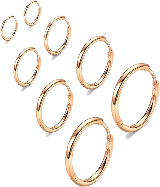 316L Surgical Stainless Steel Small Rose Gold Hoop Earrings 6mm 8mm 10mm 12mm Hypoallergenic Cartilage Hoop Earrings Helix Lobes Hinged Sleeper Earrings For Men Women