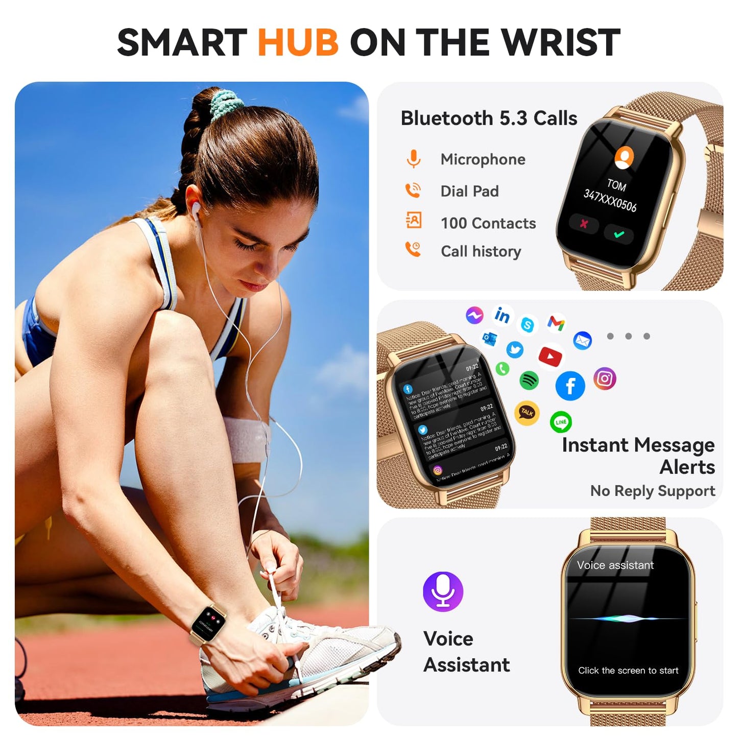 Kriutefy Smart Watch for Women (3 Bands), Fitness Tracker with Bluetooth Calls, IPX8 Waterproof Smartwatch for Android iPhone, 112+ Sport Modes, Heart Rate/Sleep/SpO2 Monitor, Gold