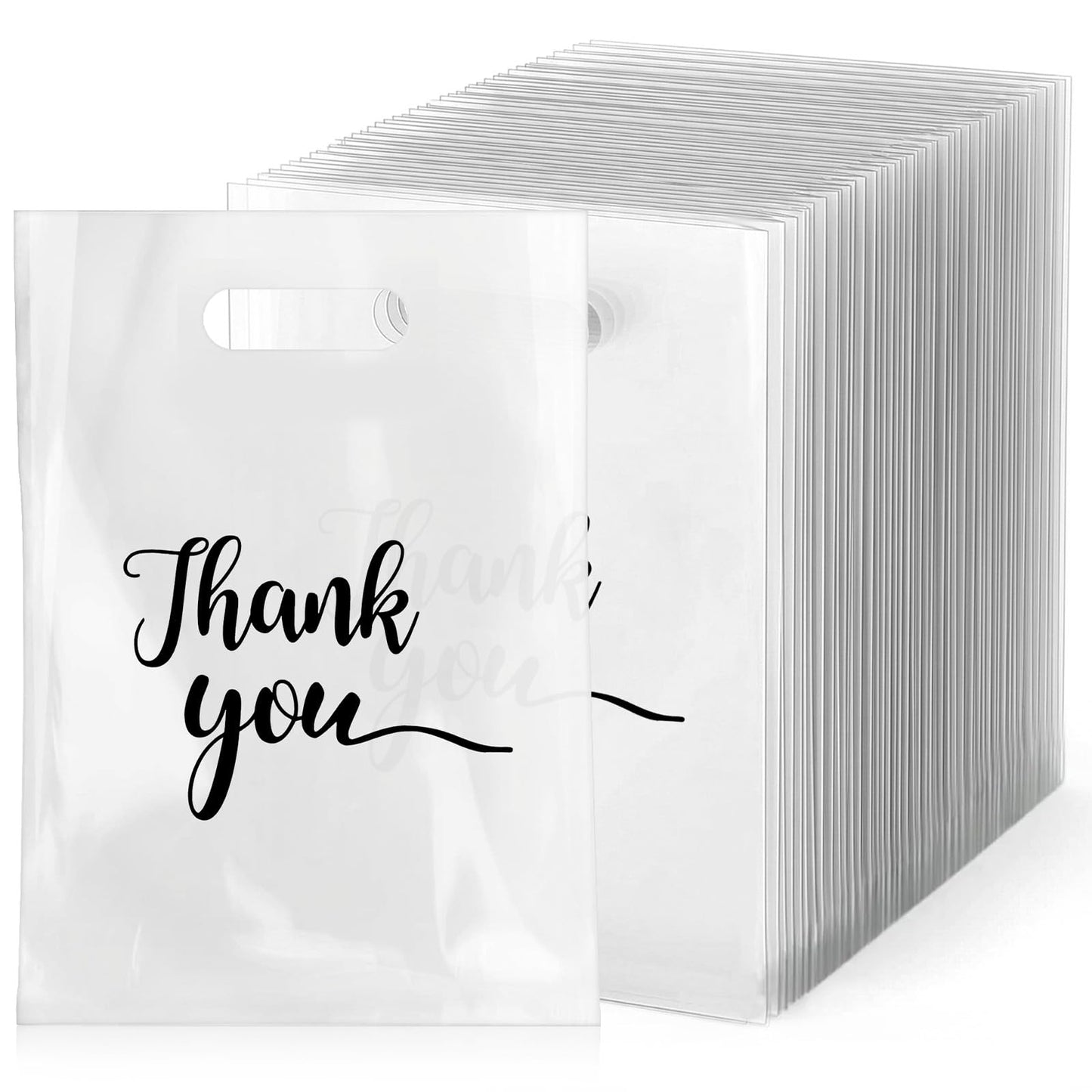 Giloaou 200 Pcs Thank You Merchandise Bags, 8.1” x 11.82” White Plastic Shopping Bags with Die Cut Handles, Premium Retail Gift Bag for Small Business, Boutique, Party Favors & Craft Packaging