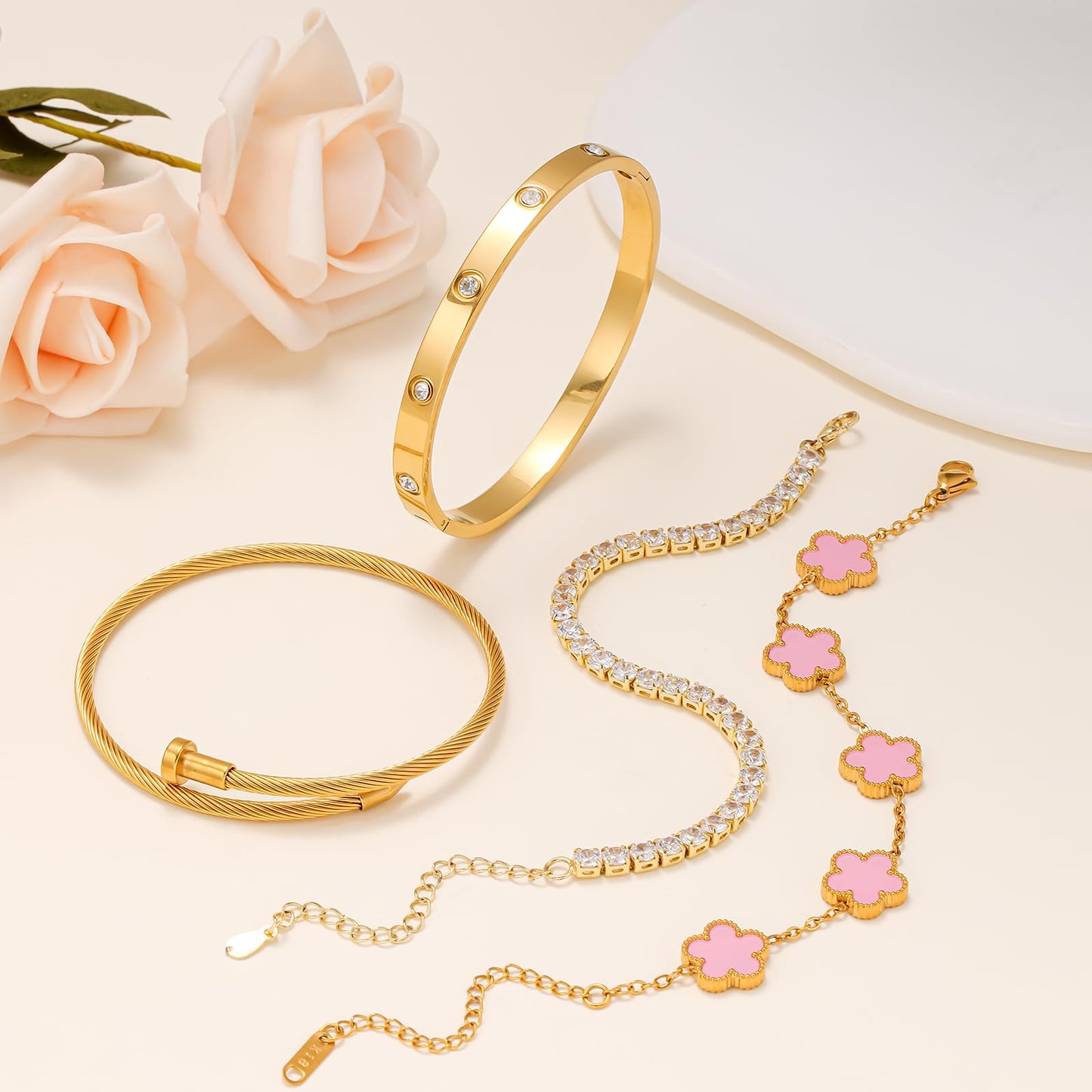 Gold Bracelets for Women, 18K Gold Plated Women Tennis Bracelets Clover Nail Love Bangle Bracelet Set, Gold Bracelet Stackable Set Trendy Jewelry, Gifts for Women's Day and Mother's Day (02-Color-pink)
