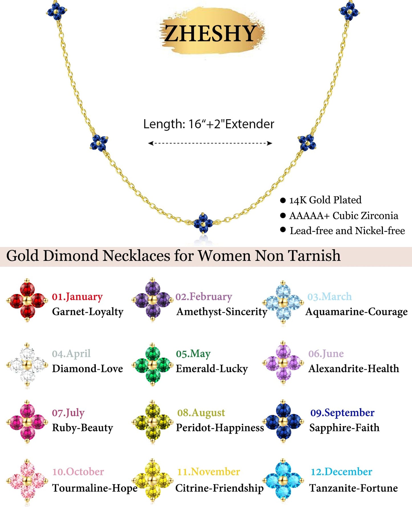 ZHESHY Birthstone Gold Necklace for Women Dainty Non Tarnish 14K Gold Plated Clover Necklaces Sapphire Blue CZ Station Choker Necklace Birthday Gifts Womens Gold Jewelry