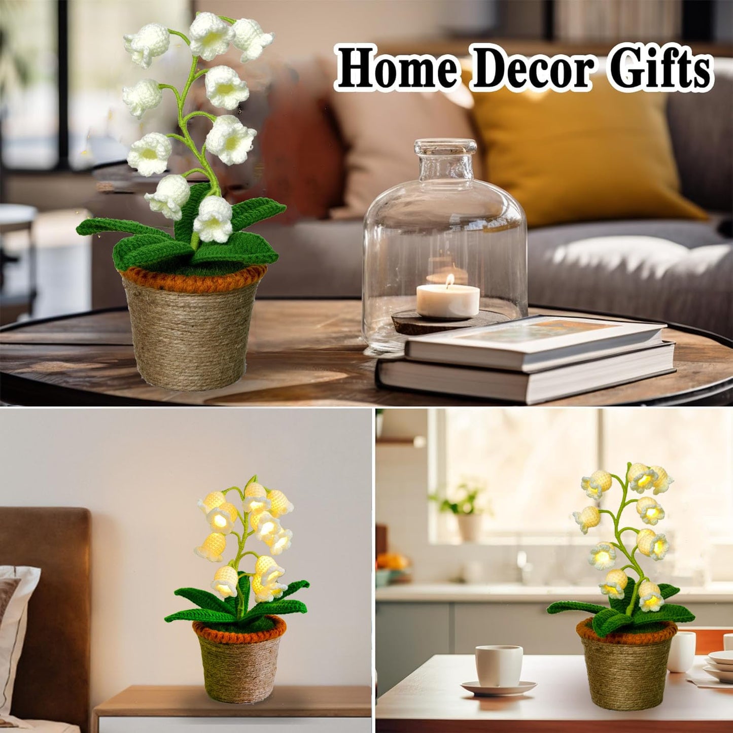 Forvermand Lily of The Valley Lamp, Crochet Artificial Flower with 10 Little Night Lights, Cute Gifts for Women Wife Girlfriend Birthday Christmas Valentine Mother's Day -Large