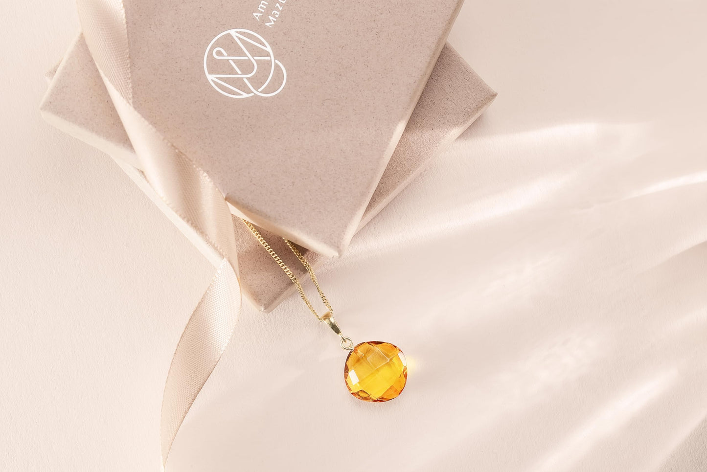 Amber by Mazukna Natural Baltic Amber Pendant for Women, Cognac Drop Necklace with Gold-Plated Sterling Silver Chain, Lightweight 18-inch Jewelry Gift for Everyday Elegance (Faceted Cushion)