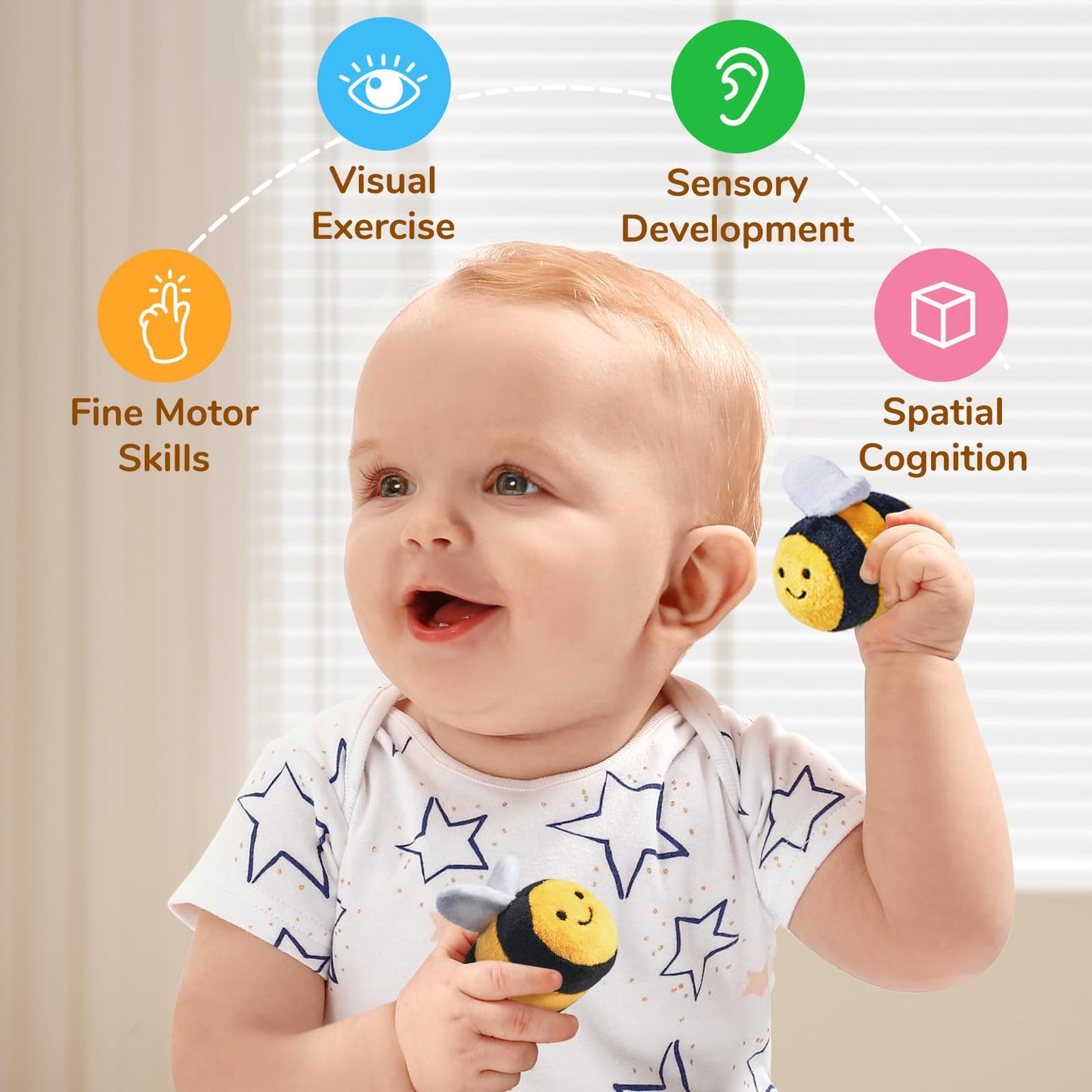 JoyCat Baby Toys 6-12 Months - Soft Baby Beehive with 5 Sensory Bees + Silicone Alphabet Magnetic Letters, 26 Uppercase ABC Fridge Magnets for Toddlers