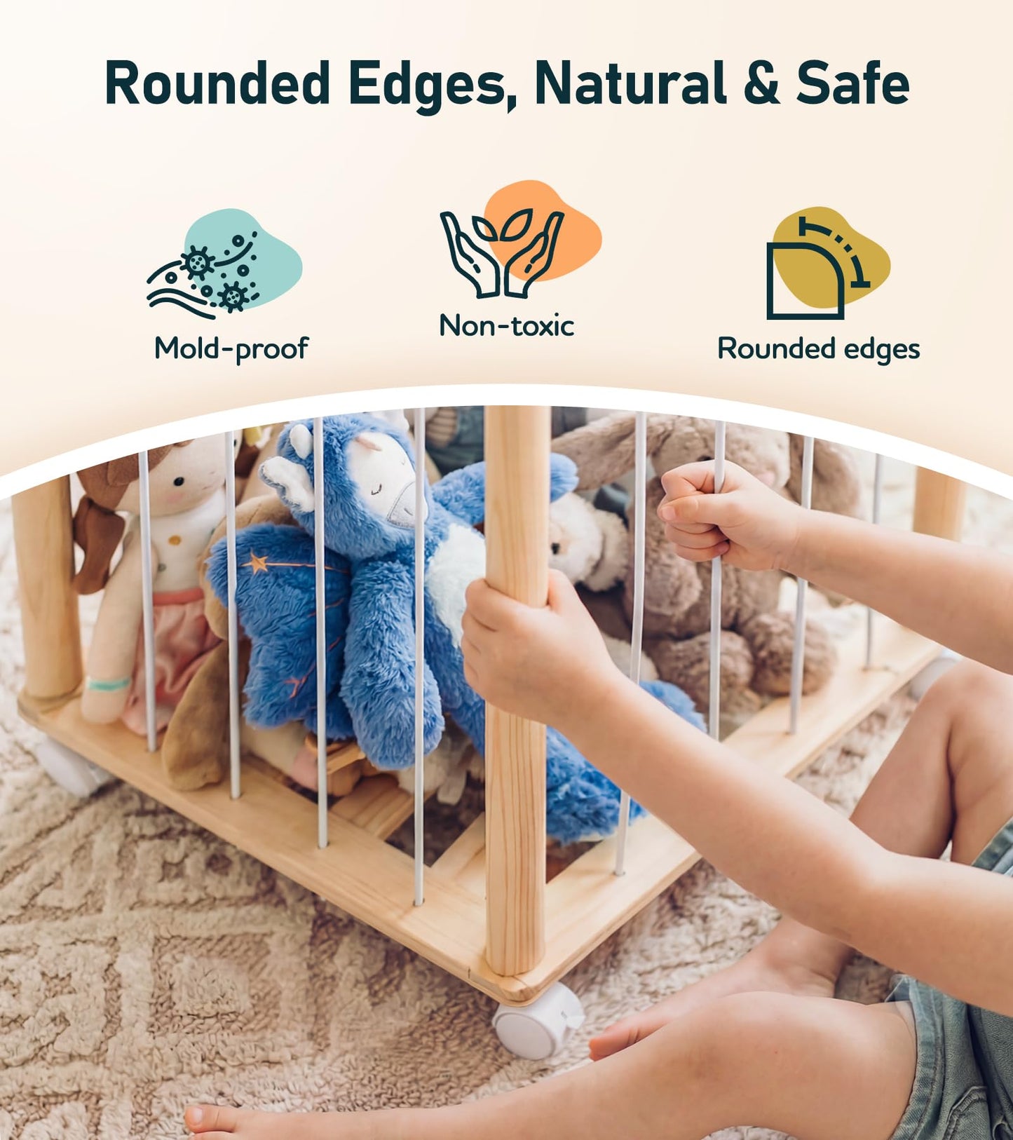 Little Dove Stuffed Animal Storage, Wooden Stuffed Animal Zoo with Brake Wheels, Large Capacity Stuffy Plushies Storage, Space Save Toy Organizer for Nursery Playroom Kidroom Bedroom, 54 Inch