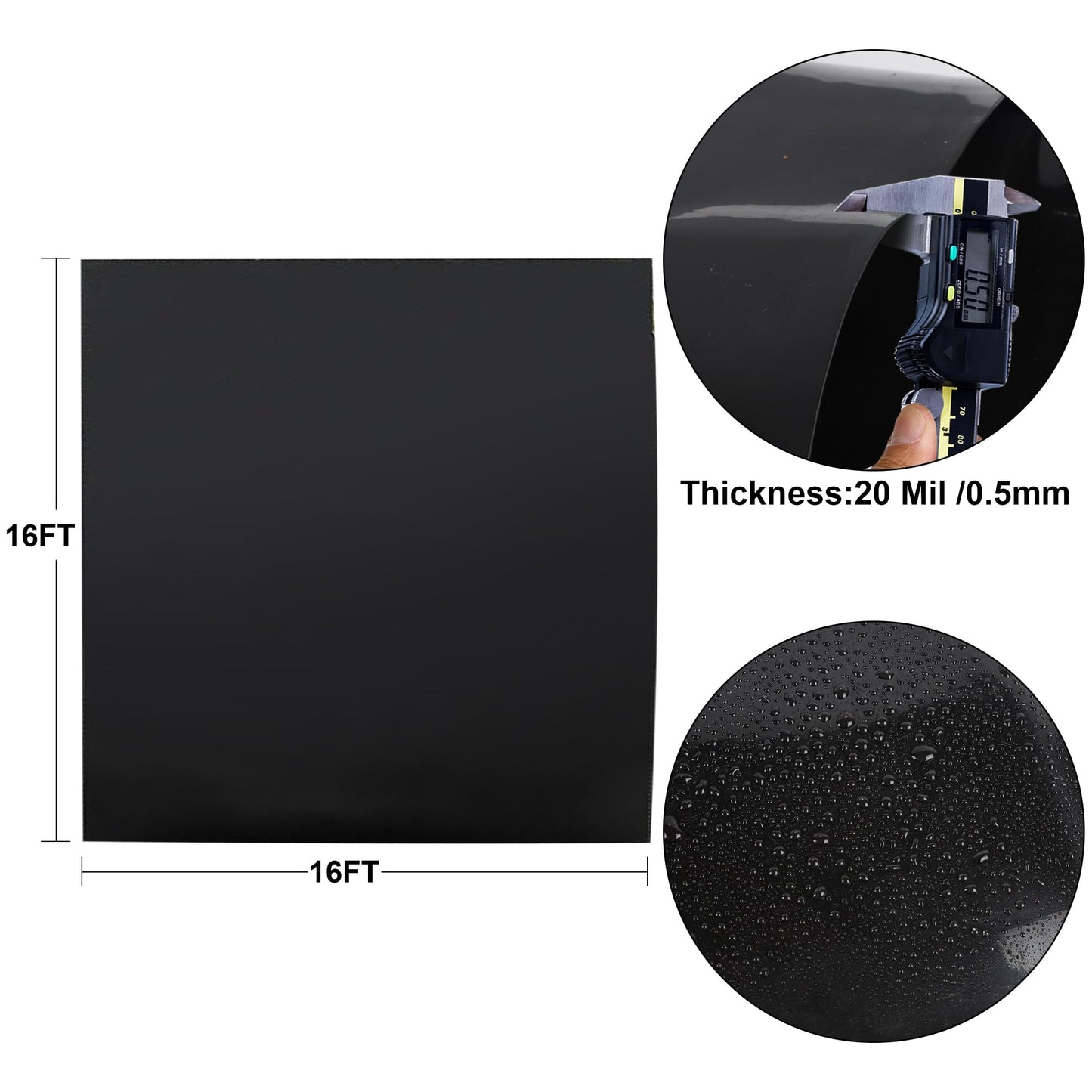 Adroiteet 16 x 16 FT Pond Liner, 20 Mil Fish Pond HDPE Liner, Pond Liners for Outdoor Ponds, Koi Ponds, Garden Fountain, Waterfall