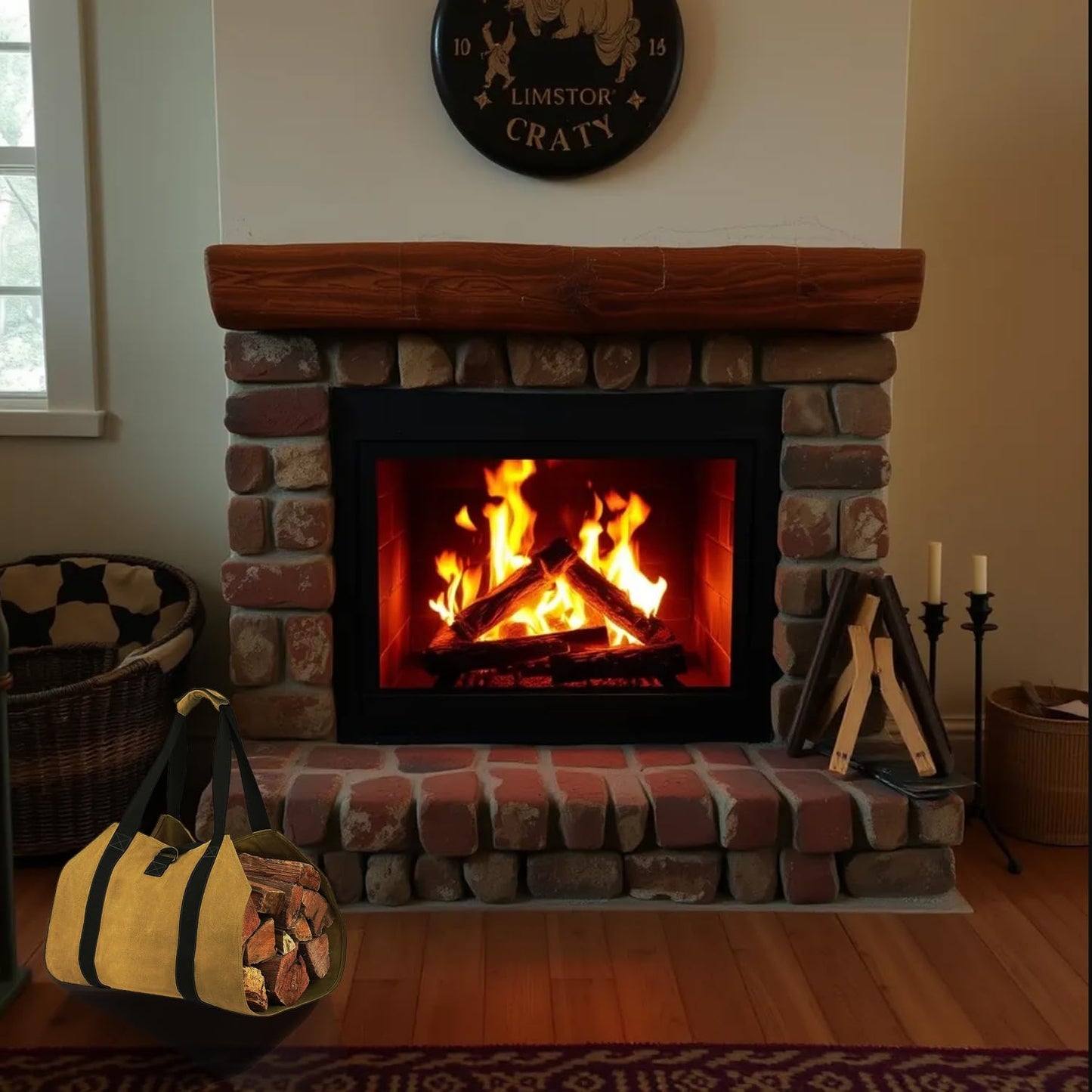 Softclub Firewood Carrier Bag with Handle, Heavy Duty Canvas Firewood Tote Bag 35.8 x 18 in, Log Carrier for Fireplace, Outdoor, Camping -Yellow
