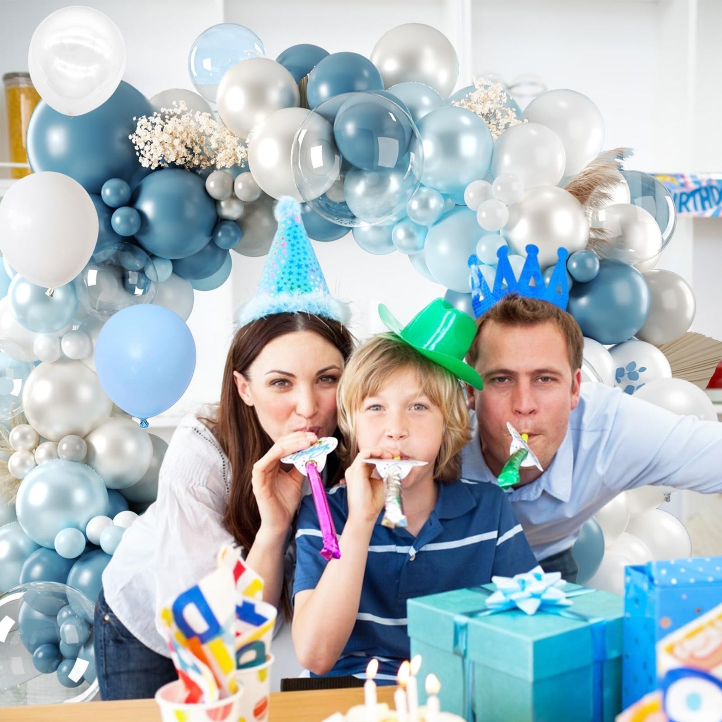 FunHot Dusty Blue Balloon Arch Kit, Double Stuffed Pearl White Pastel Blue Balloon Garland Kit with Clear Balloons for Boys Baby Shower Gender Reveal Wedding Frozen Winter Birthday Party Decorations