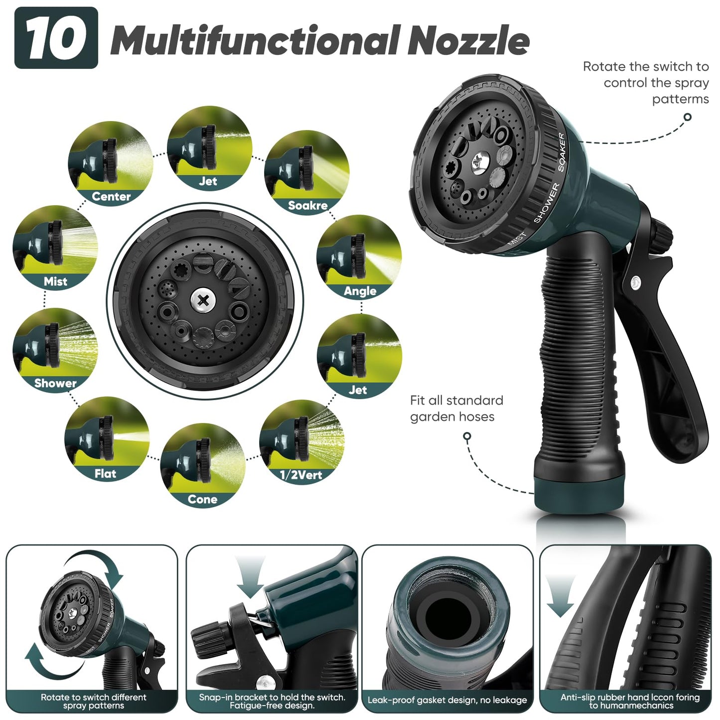 Amayrose Garden Hose with 10-Function Nozzle, Leak-proof Metal Connector Hose, No Knots, Kink-Free Hoses, Lighter, Anti-Pets, Wear-Resistant, 3/4 GHT, Water Hose for Garden, Yard, Outdoor（75 FT）