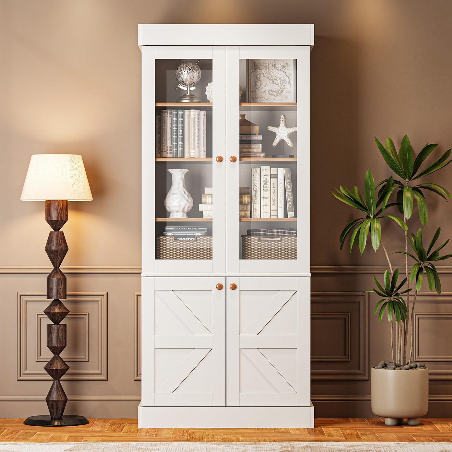 Vyre 71" Tall Farmhouse Kitchen Pantry, Large Storage Cabinets with Glass Doors, Freestanding Wood Hutch Cabinet with 3 Drawers, Adjustable Shelves for Living Room, Dining Room, Set of 3