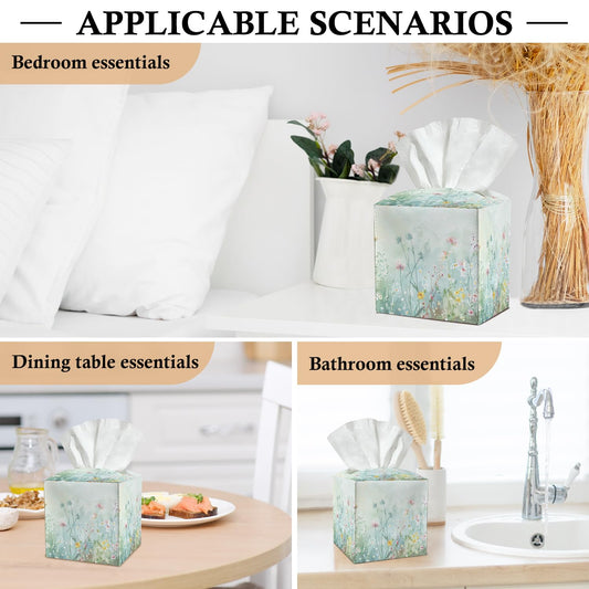 Watercolor Flowers Tissue Box Covers Square, Leather Tissue Box Holders Decorative for Car Nightstand Home Office Bathroom Organizer, Square Facial Paper Organizer Home Decor -010