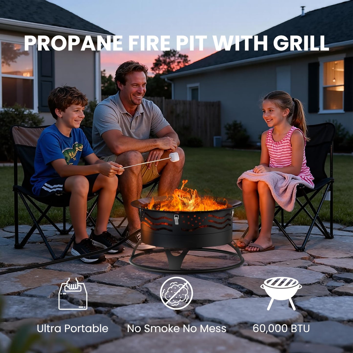 24 Inch Propane Fire Pit, Portable Gas Fire Pit Bowl for Outside, 60,000 BTU Smokeless Outdoor Firepit with Lid & Grill Grate for Patio, Yard, Gardenn, Camping