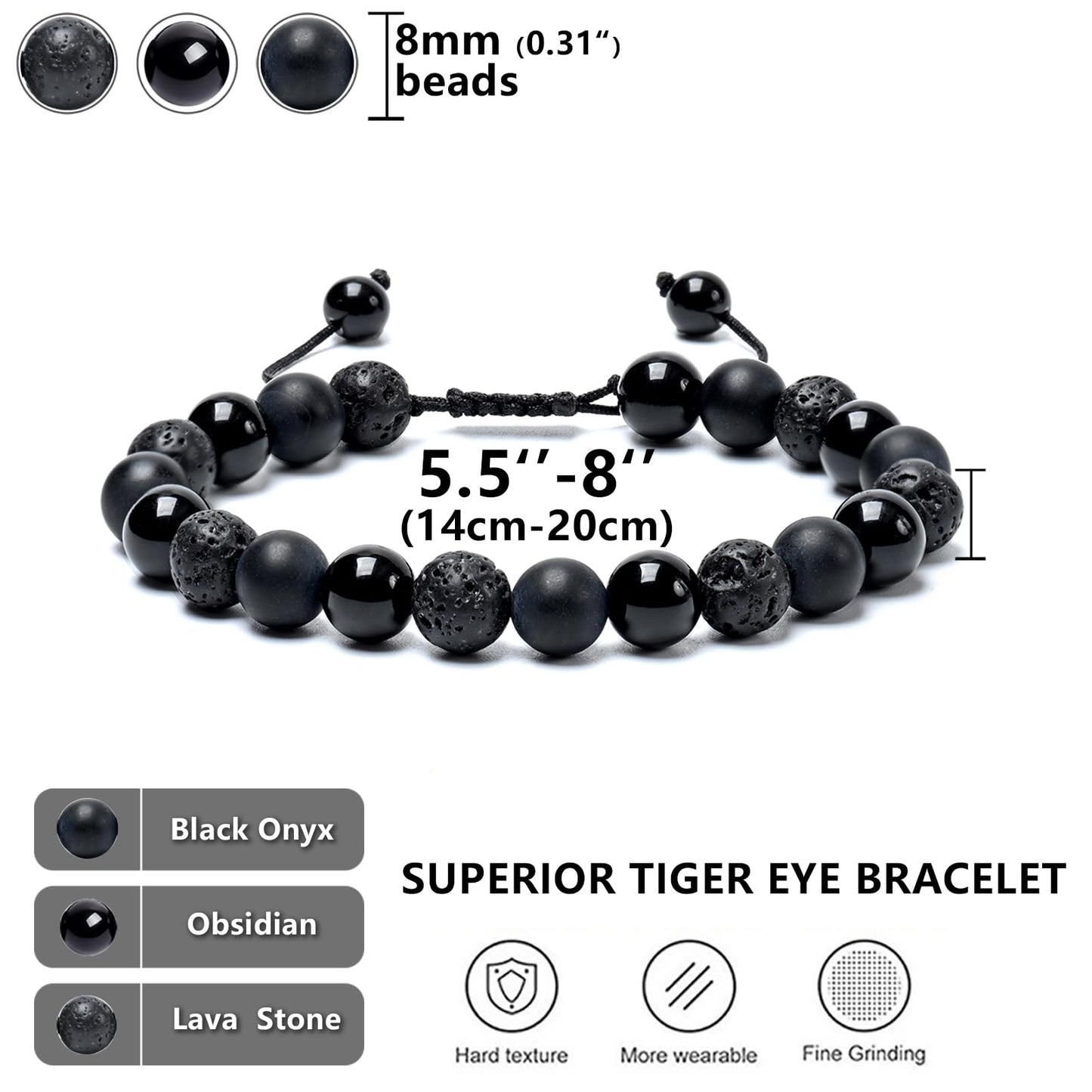 SAMXY Mens Bracelets Beads-8MM Black Onyx Obsidian Lava Stone Beads-2Pcs Handmade Natural Stone Crystal Healing Bracelet-Protection Bracelet for Men