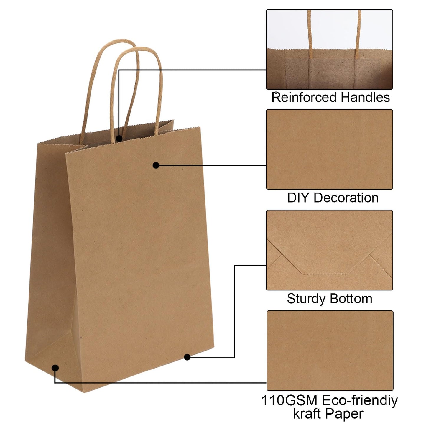 Joybe 100 Pack 5.95x3.25x8 Inch Small Brown Paper Bags with Handles Bulk, Kraft Paper Gift Bags for Birthday Party Favors Grocery Retail Shopping Business Goody Craft Sacks (Plain Natural, 100pcs)