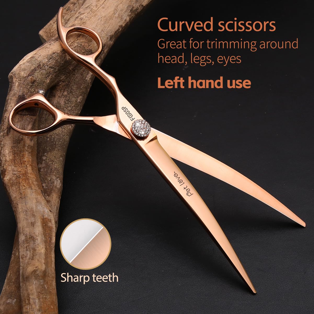 FOGOSP Left Handed Dog Grooming Scissors Set 4PCS Rose Gold Titanium Curved Thinning Straight Chunkers Shears Kit with White Artificial Diamonds Ergonomic Offset Handle Japan 440C