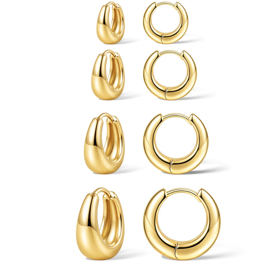 5mm Thick Chunky Gold Hoop Earrings for Women Non Tarnish, 14K Gold Plated Chunky Huggie Cartilage Earring Stack, Lightweight Cute Drop Earrings Sets for Multiple Piercing Dainty Trendy Clip On Jewelry