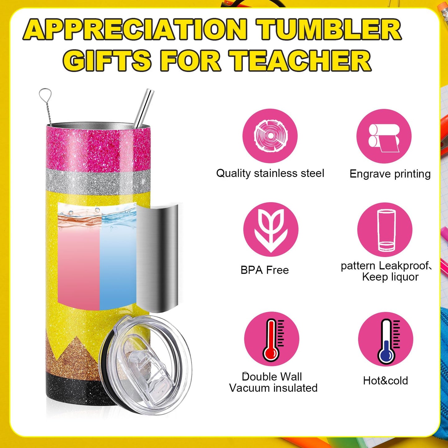 Humyoun 3 Pcs Teacher Appreciation Gifts Set Glitter Pencil Stapler Tumbler Ballpoint Pen Teacher Gift Office Supply 20 oz Stainless Tumbler Stapler with Staples for 2026 Graduation School Gift