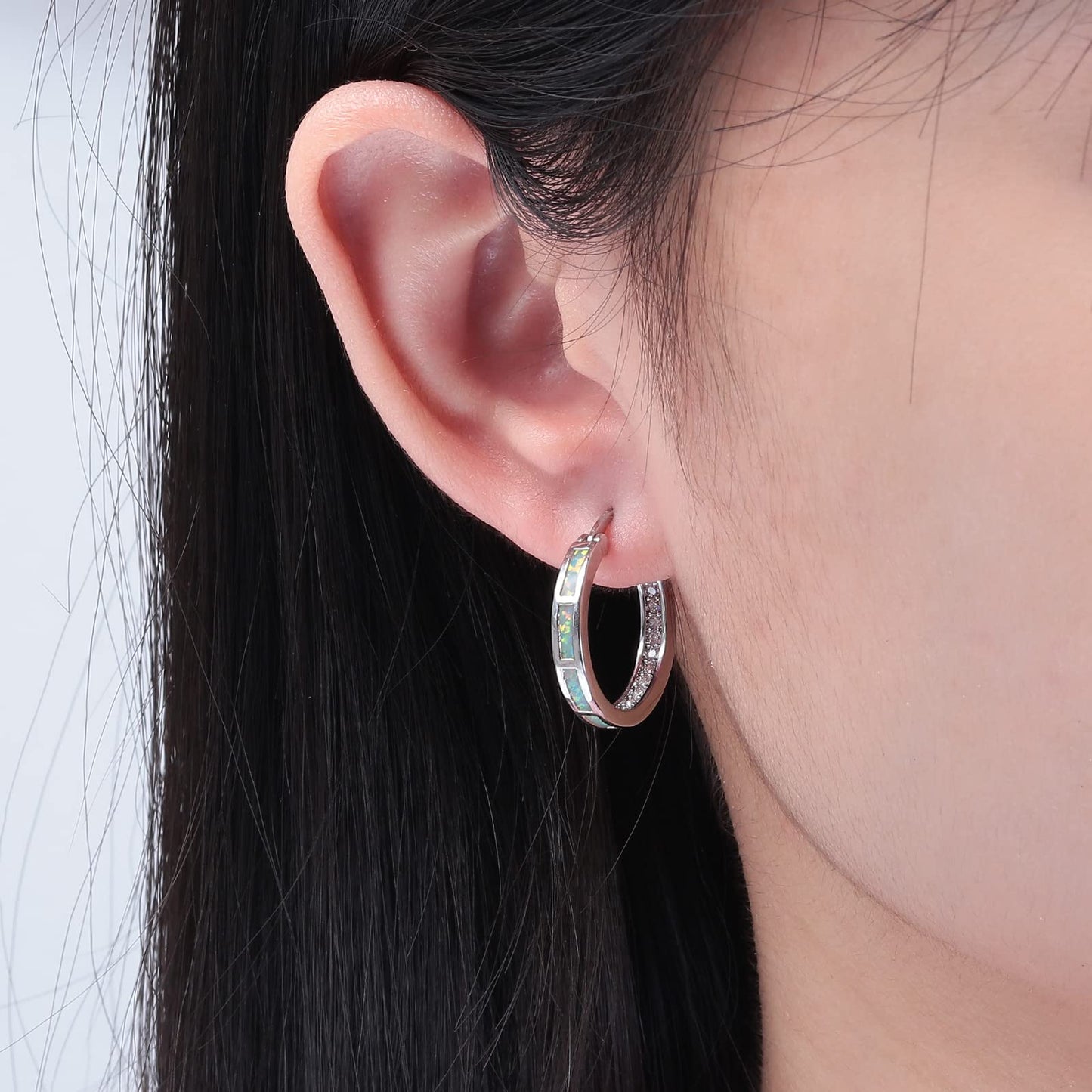 CiNily Women's Hoop Earrings Opal Earrings White Gold Plated Hypoallergenic Small Round Ear Hoops Ladies White Gemstone Hoop Earrings Jewelry 20mm