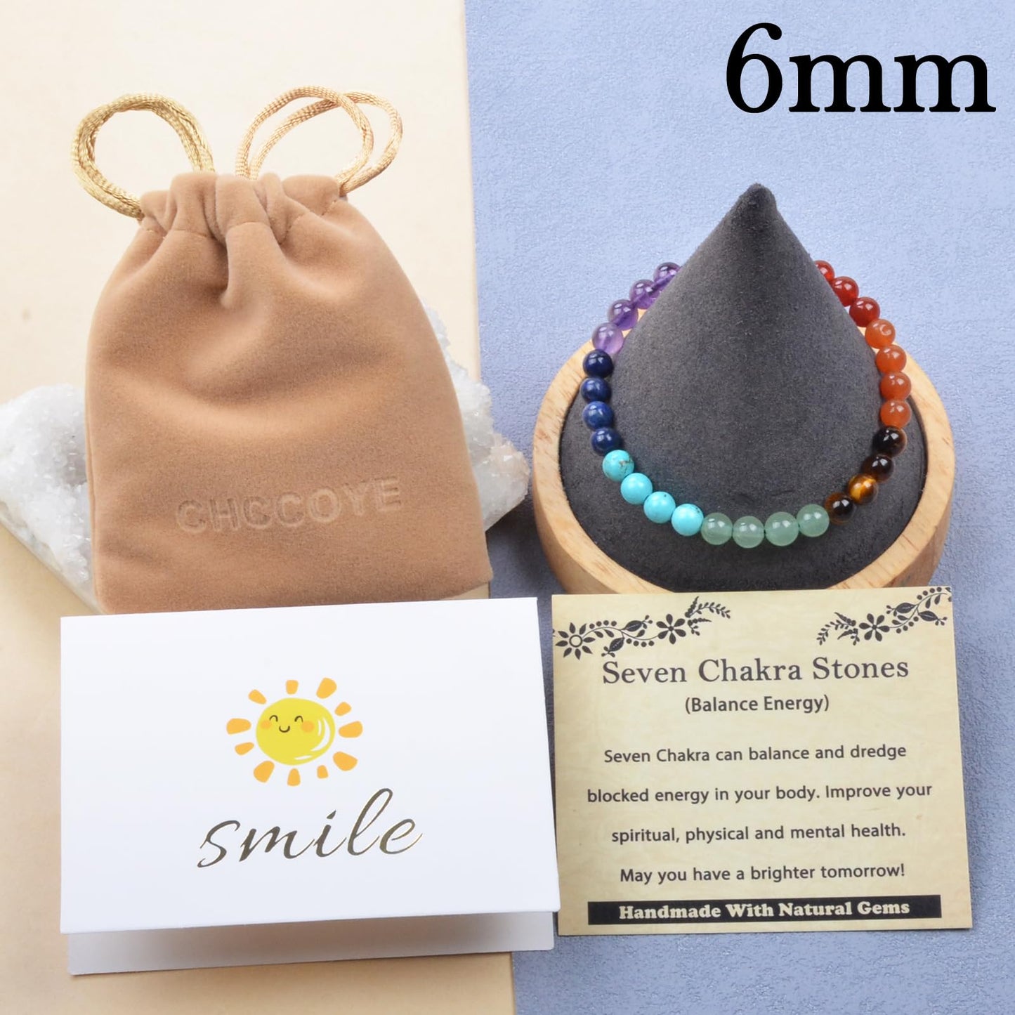 CHCCOYE 6mm Handmade Adjustable Natural Gemstone Crystal Bracelet Healing Power Energy Inspirational Gifts with Card for Unisex (Seven Chakra Stones)