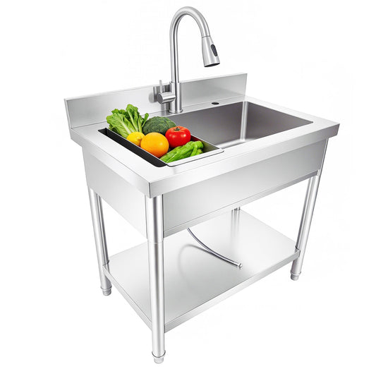 31 Inch Laundry Room Stainless Steel Utility Sink Single Bowl, with Retractable Hot & Cold Faucet, Hose and Drain Kit for Daily Household Use