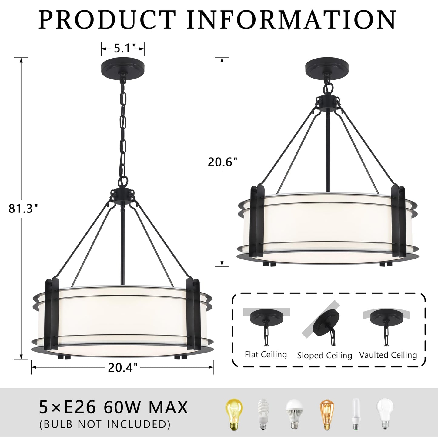 NZZDYI 20.4''Drum Chandelier,5-Light Fabric Modern Chandeliers,Black Farmhouse Round Pendant Light Fixture for Dining Room Kitchen Island Living Room Bedroom Hallway