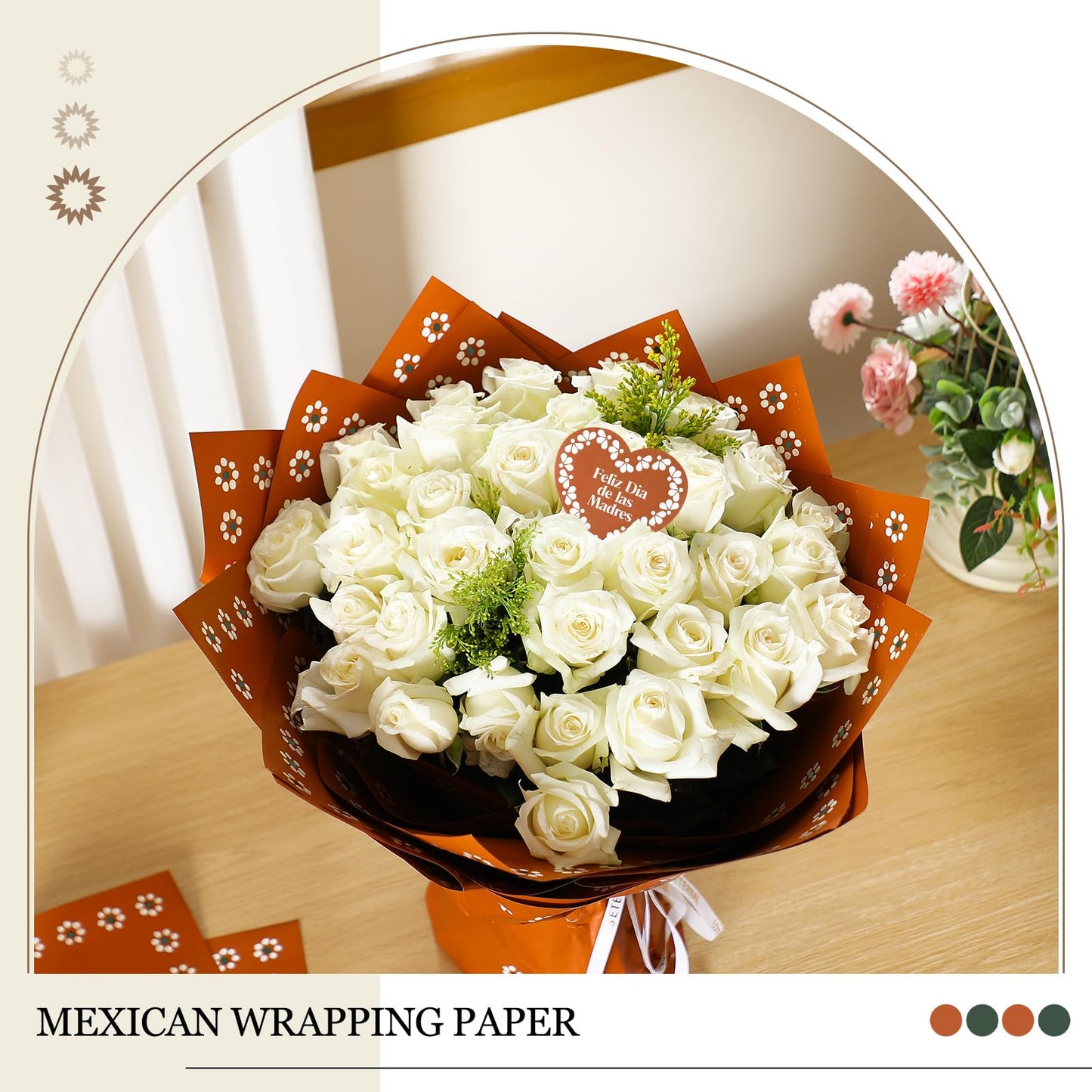 Fullhawl 20 Sheet Mexican Flower Wrapping Paper and 10 Pcs Feliz Dia De La Madre Cake Toppers Waterproof De Barro Brown White Floral Bouquet Wrap for DIY Gift Packaging Florist Supplies