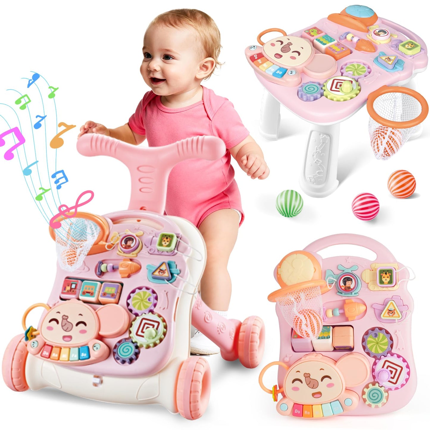 AuntyFey Baby Walker, 3 in 1 Push Walker for Baby Girls Boys, Baby Walking Toy for 1 Year Old Learning to Walk, Sit to Stand Baby Walker Push Toy for Girl 12 Months, Pink