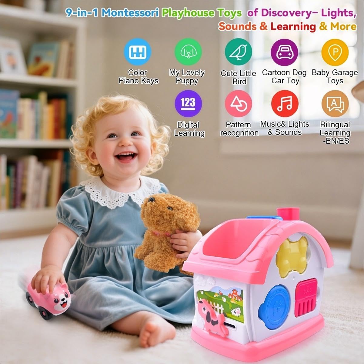 OKREVIEW Toys for 1+ Year Old Girls – 9-in-1 Montessori Musical Toddler Activity House with Lights, Sounds, Bilingual Learning, Ideal 1st Birthday Xmas Gifts for Girls Ages 1 2 3