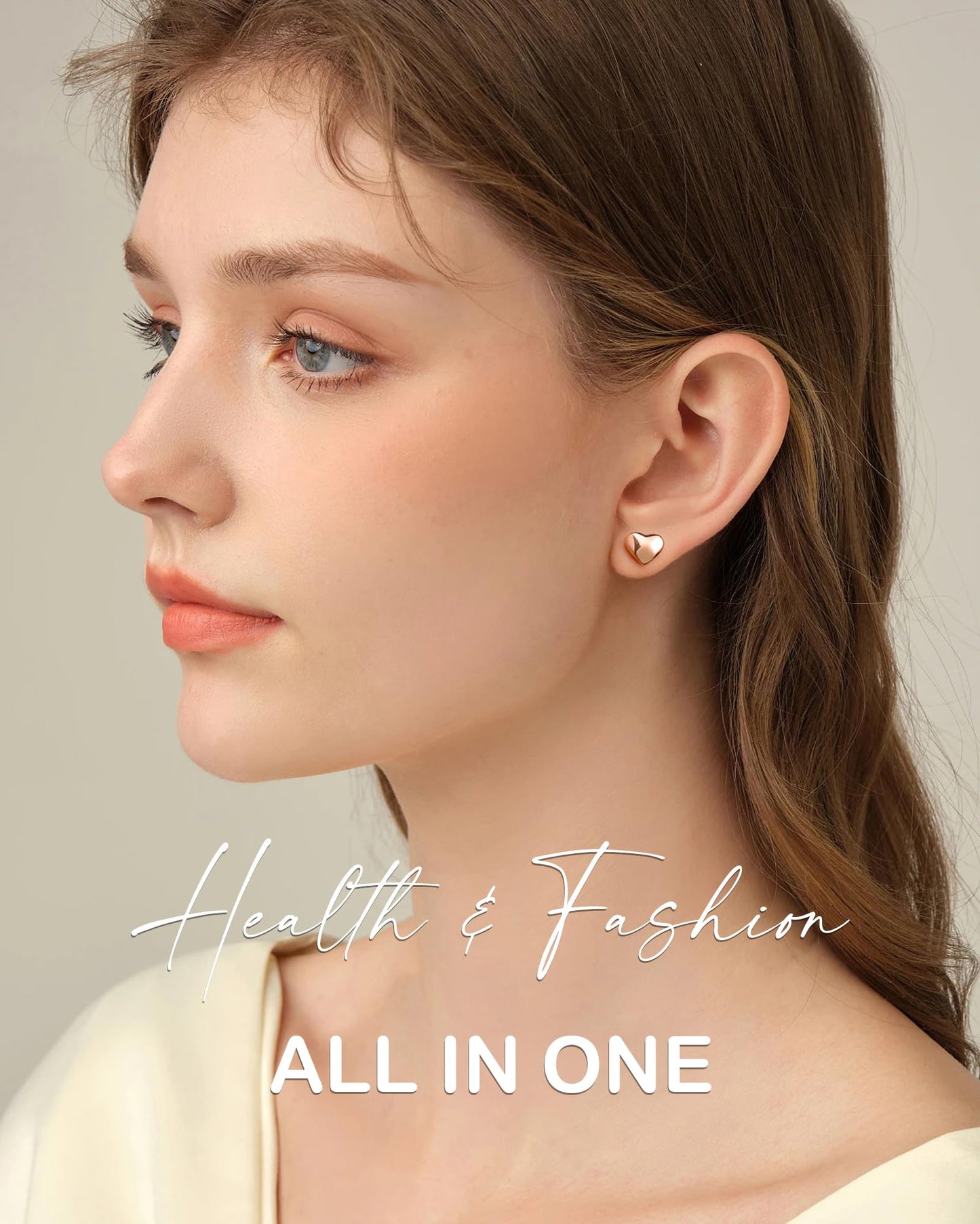 Feraco Magnetic Earrings for Women, Stud Earrings, Ear Curex with Strong Germanium Magnet, Dainty Heart Shape (Rose Gold & Silver)
