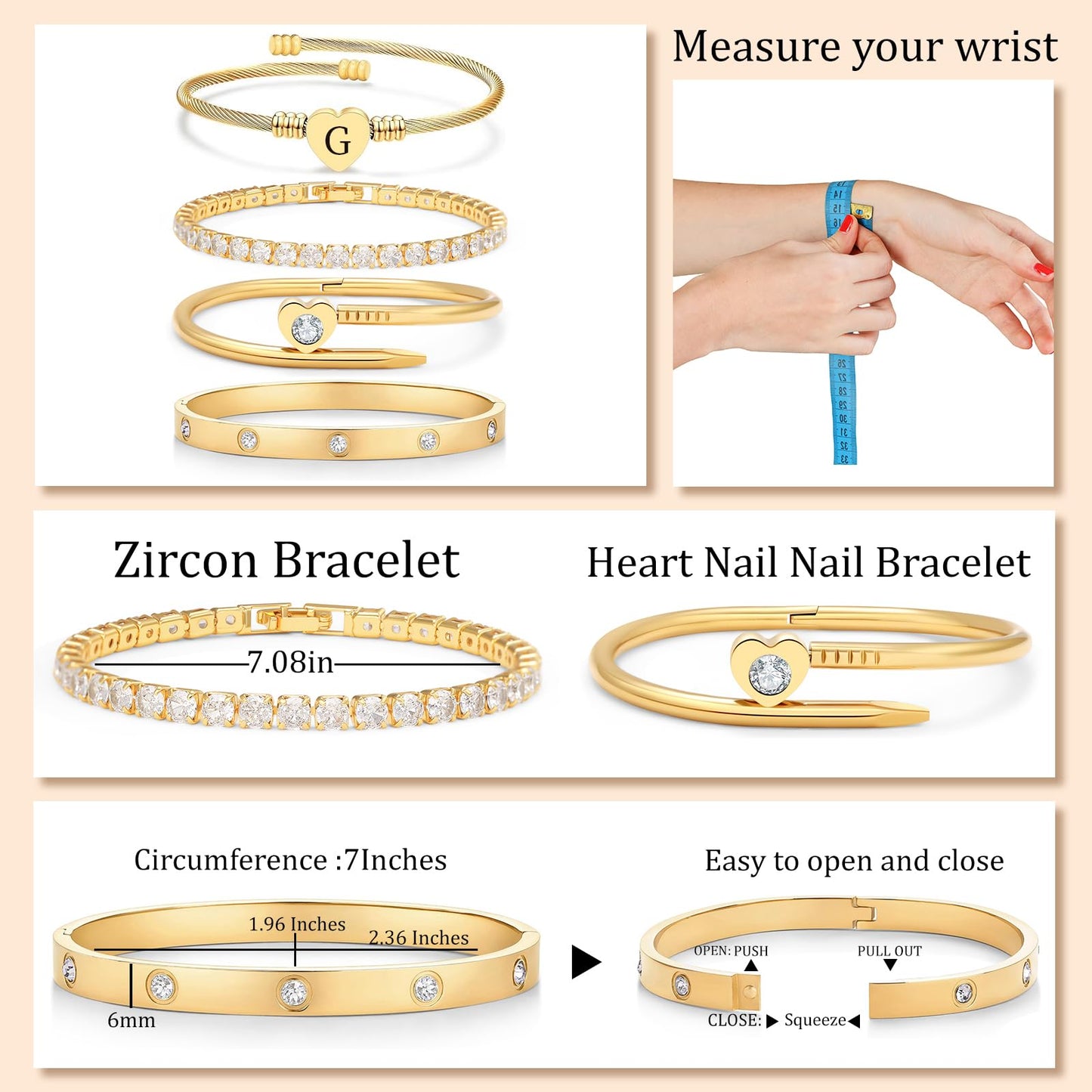 MEIERYA18K Gold Plated Nail love Bangle Bracelet Set for Women,Cubic Zirconia,Adjustable tennis bracelet Trendy Gift Jewelry for Mother's Day Anniversary (06-Style-G)