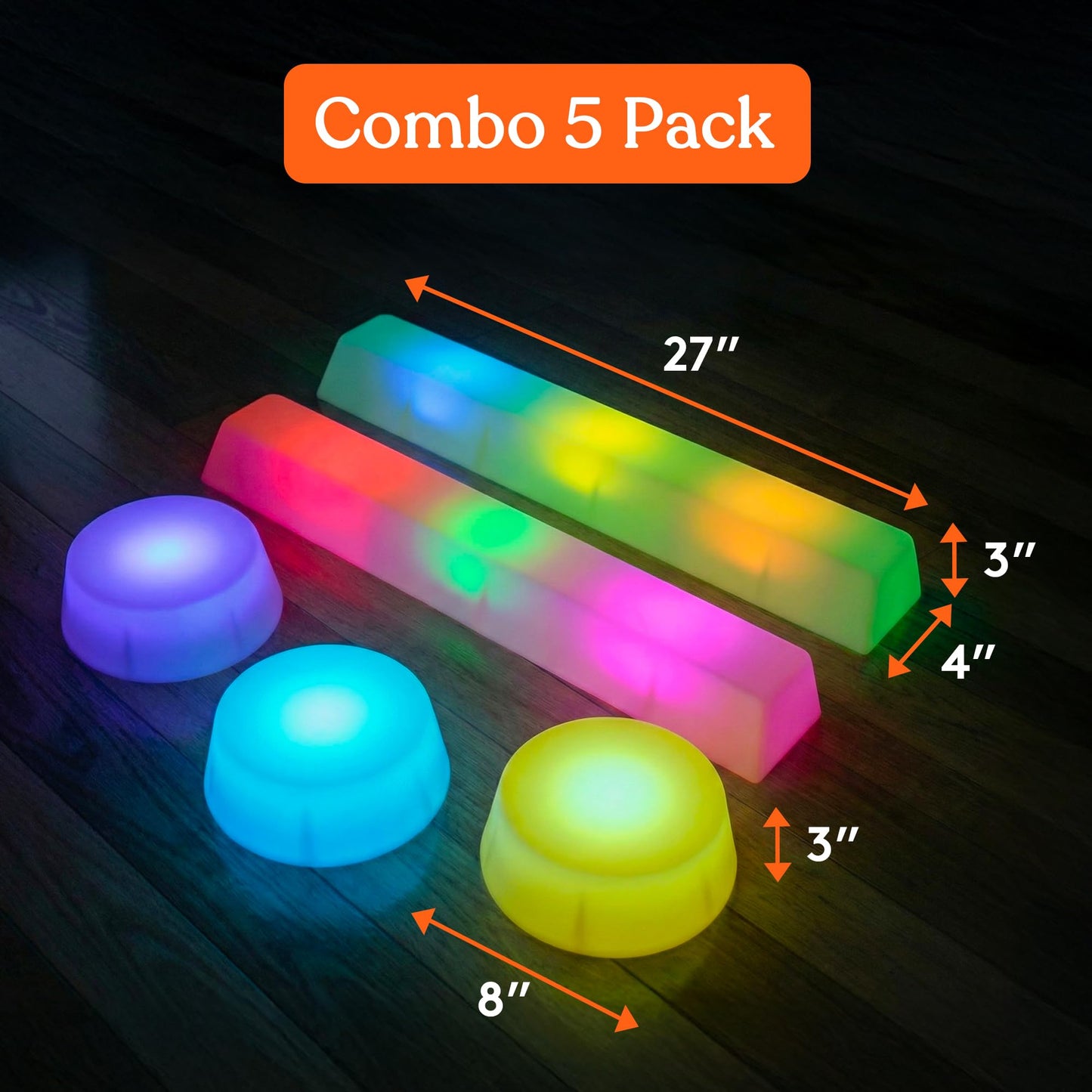 Special Supplies LED Stepping Stones for Kids -Light-Up Balance Blocks- Coordination & Balance for Toddlers & Children- Durable Non-Slip Rubber, Safe Indoor & Outdoor Play (2 Beams + 3 Circles)