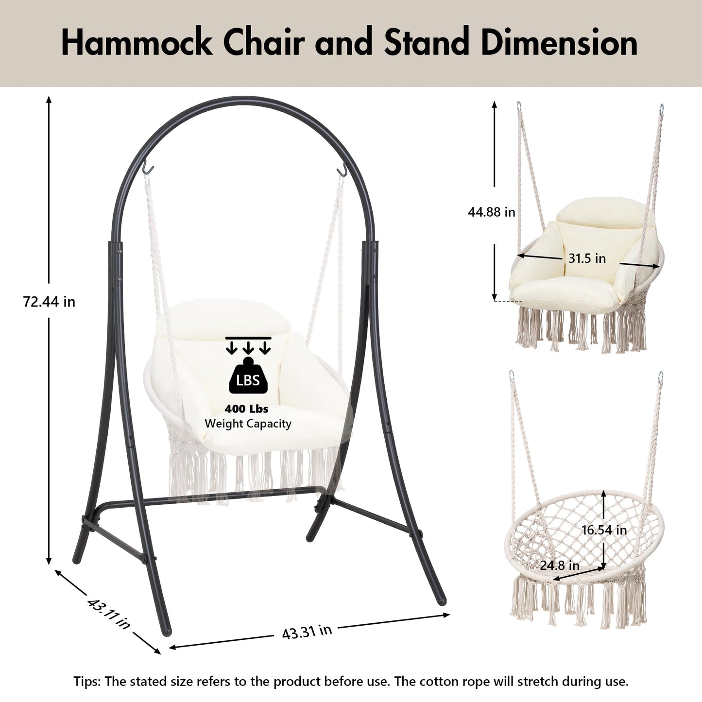 ANOW Macrame Hammock Chair with Stand, Heavy Duty Hanging Chair Stand with Swing Chair, Includes Luxury Padded Cushion, Max 400 Lbs, Natural