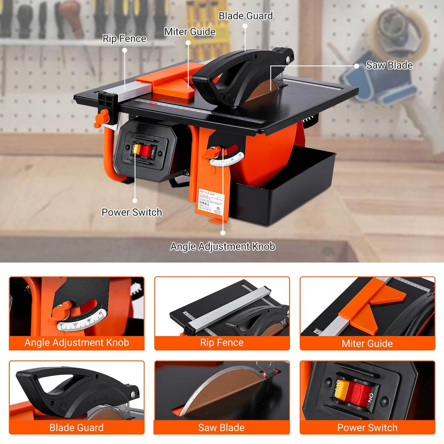 7 inch Wet Tile Saw, 3450 RPM, Bevel cuts tile from 0 to 45 Degrees, Tile Cutter Wet Saw with Water Reservoir for Cutting Tiles and Stones, for DIY Enthusiasts