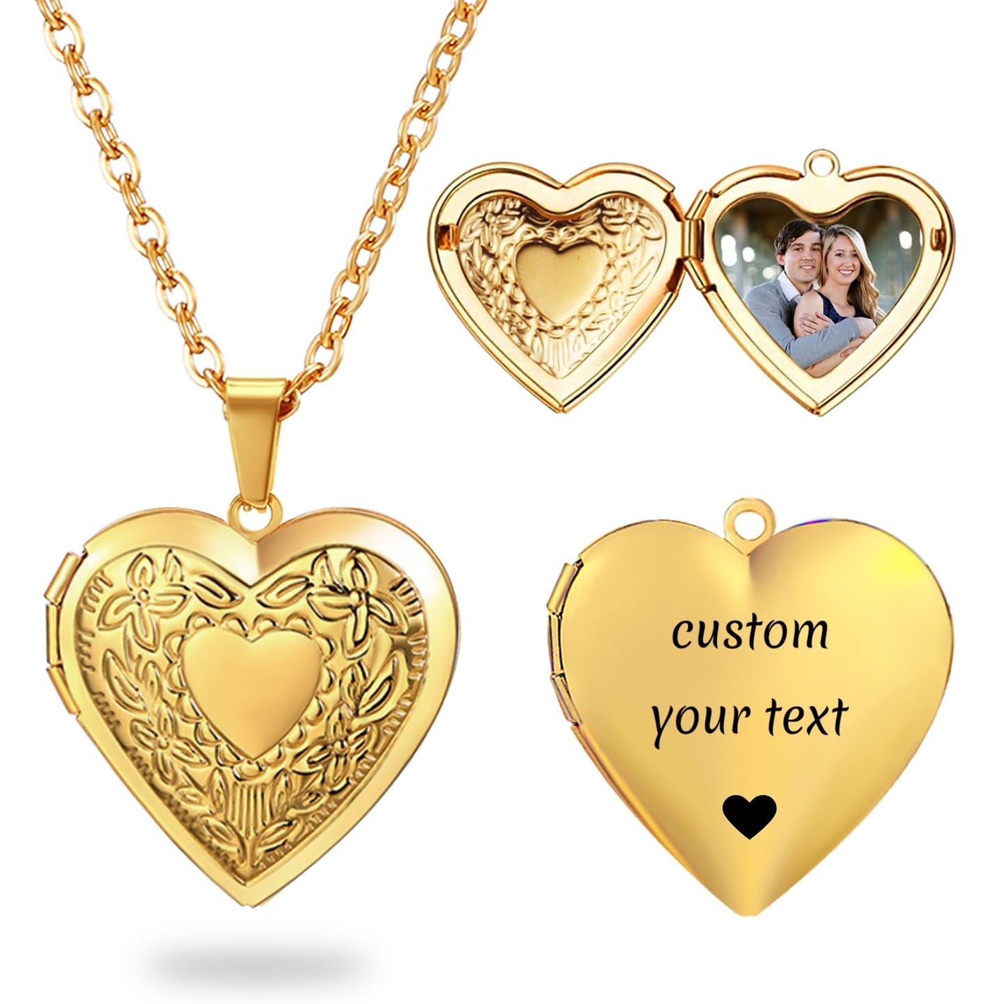 PHOCKSIN Gold Heart Locket Necklace Flower Engraved Personalized Necklace that Holds Pictures Customized Love Heart Gifts Locket Necklaces for Women