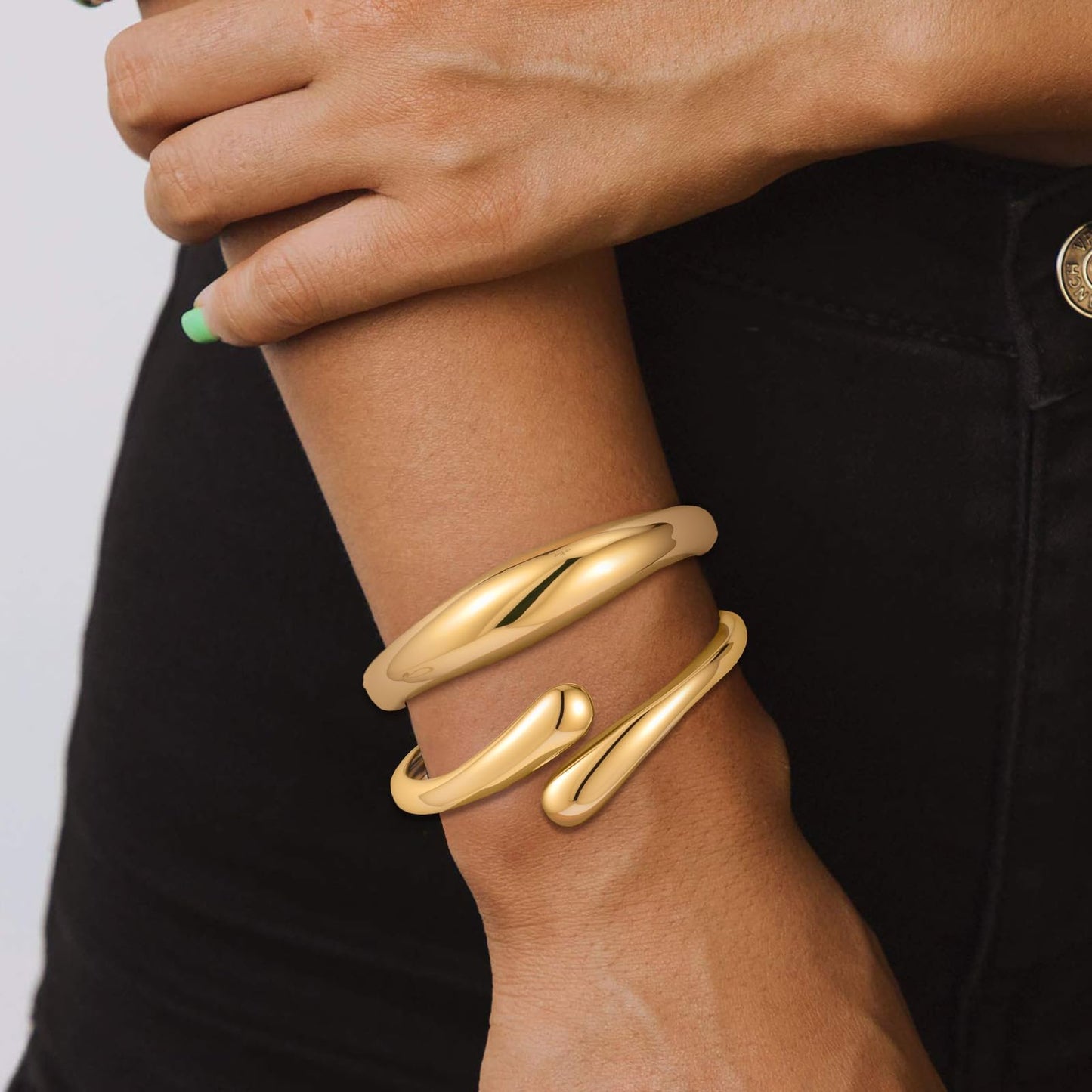 Yowivon Gold Bangles for Women, 2PCS Thin Teardrop and Wave Gold Bracelet Set, Hinged Bangle Bracelets Stack for Women, Non Tarnish Wrist Cuff, Trendy Jewelry Gifts for Christmas Valentine Birthday