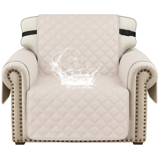 CYCMACO Waterproof Chair Covers for Living Room, Sofa Covers for Pets Washable with Side Pockets, Non Slip Couch Covers for Dogs, Quilted Dog Couch Cover with Elastic Straps (Armchair, Beige)