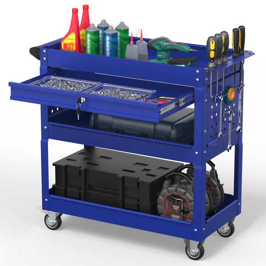 Cobinery 3 Tier Rolling Tool Cart on Wheels, 550 LBS Tool Cart with Drawers，Heavy Duty Utility Cart with Pegboard and Hook，Mechanic Tool Storage Cart for Garage, Warehouse and Repair Shop(Dark Blue)