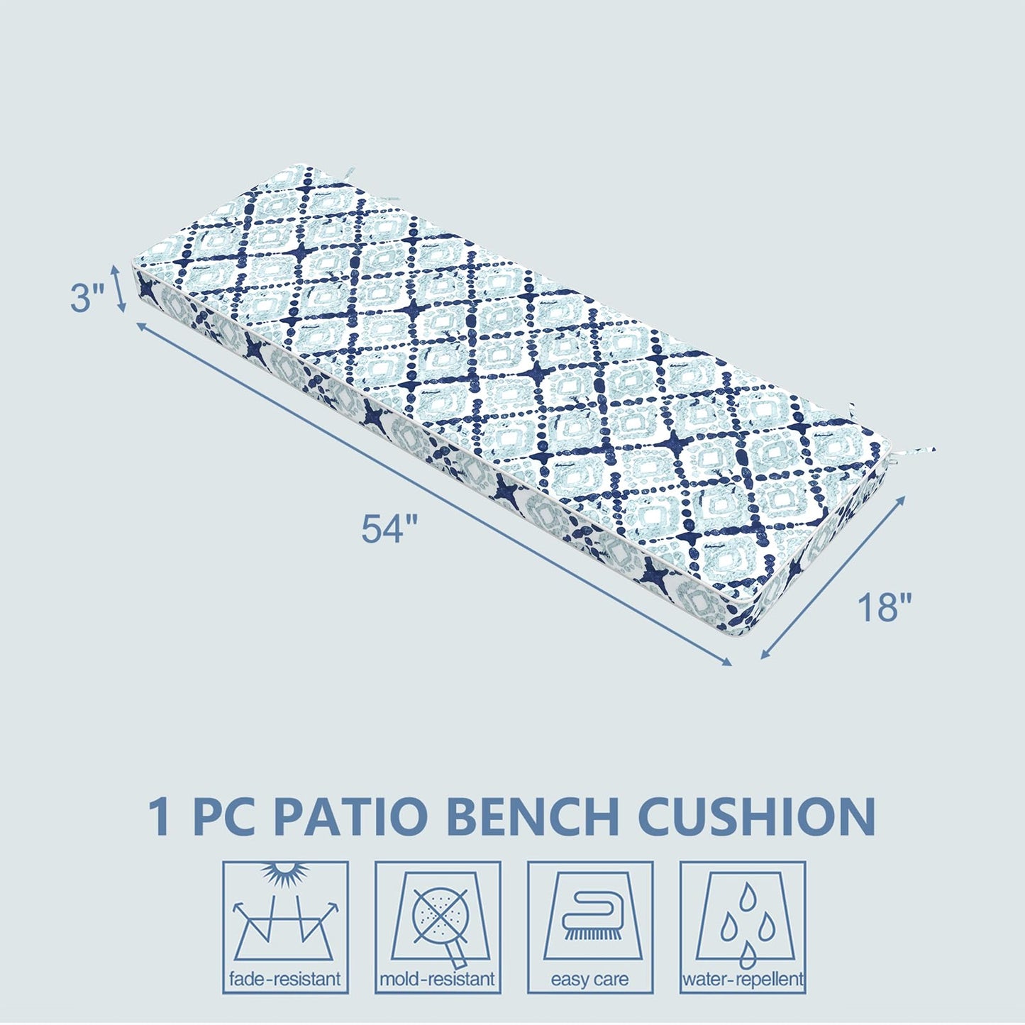 LVTXIII Extra Long Bench Cushion with Ties, 54x18 Inch Water-Repellent Outdoor Seat Cushion, 3" Thick Foam Pad for Large Patio Bench, Garden Seat, Porch Glider, Boho Geometry Blue